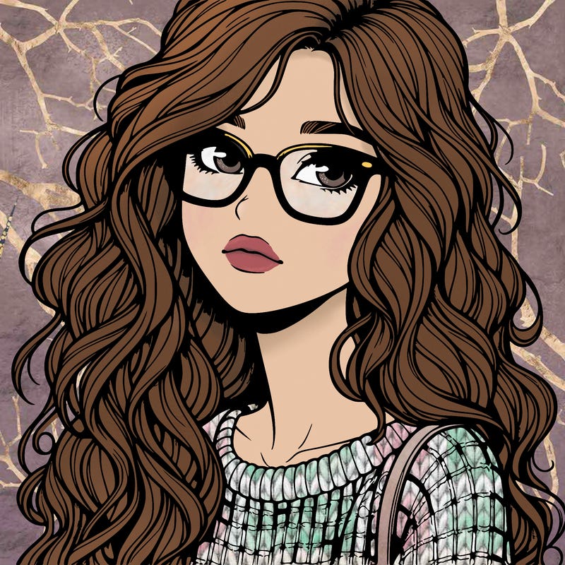 realistic teen girl with wavy long hair with a sweater and glasses