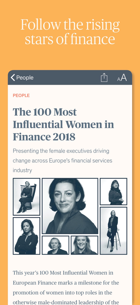 Financial News - La aplicación Financial News muestra un artículo sobre las 100 mujeres más influyentes en finanzas
