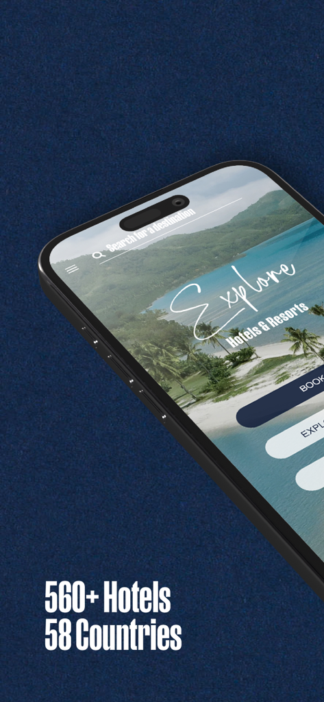 マイナーホテルズアプリのインターフェースに、熱帯のビーチの目的地と58カ国でのグローバルな利用可能性が表示されている