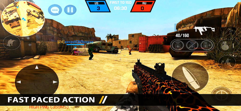 First-Person-Shooter-Gameplay in Bullet Force, das den Kampf in einer Wüstenumgebung zeigt.