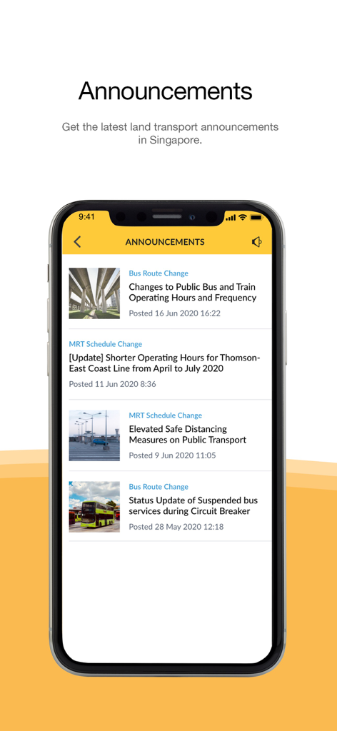Ankündigungsbildschirm der MyTransport SG App mit Echtzeit-Verkehrswarnungen für Singapur