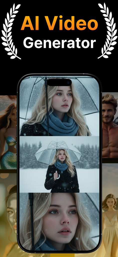 雪景色の中で傘を持つ女性のAI生成動画クリップを表示するVidmAIアプリのインターフェース