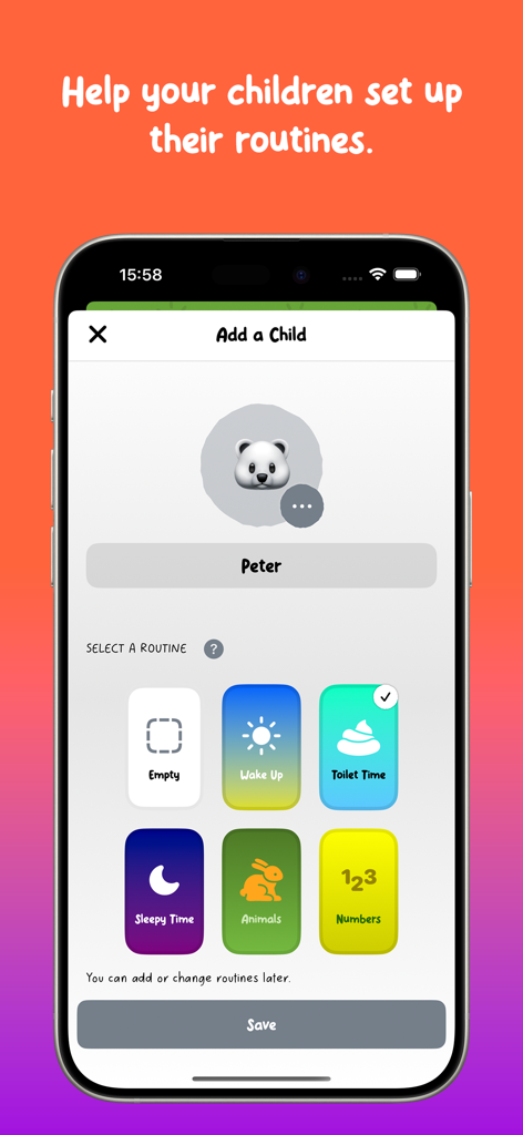 Interface do app Little Streaks mostrando a tela de adicionar criança, onde um pai pode selecionar rotinas como acordar ou hora do banheiro para uma criança chamada Peter