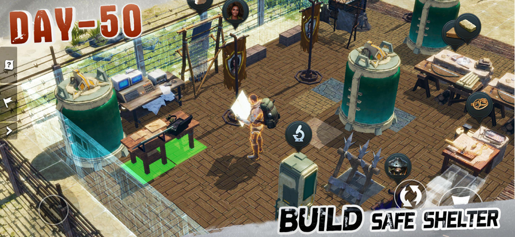 An isometric view of a player character managing a complex survival base with crafting stations and research facilities on day 50 in LOST in BLUE