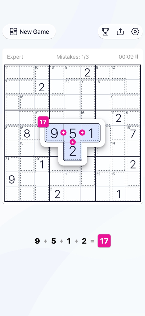 Killer Sudoku - Puzzle Games - Killer Sudoku gameplay showing a dotted cage where numbers sum up to the total in the corner