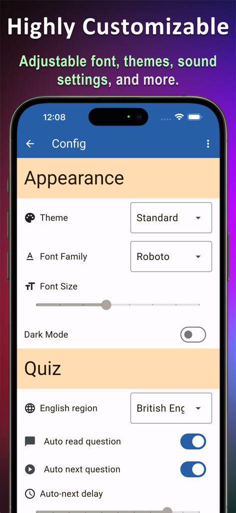 English Grammar Expert AI - English Grammar Expert AI app configuration screen showing appearance and quiz customization options including themes, font family, and regional English settings.