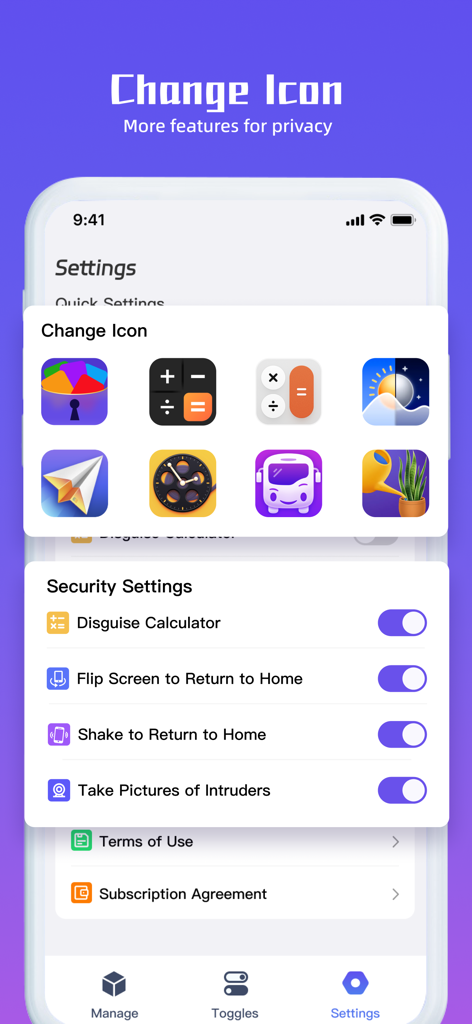 Inside - App Lock Manager - Tela de configurações do Inside App Lock Manager mostrando opções de camuflagem de ícones e alternâncias de segurança como captura de intrusos e virar para a tela inicial