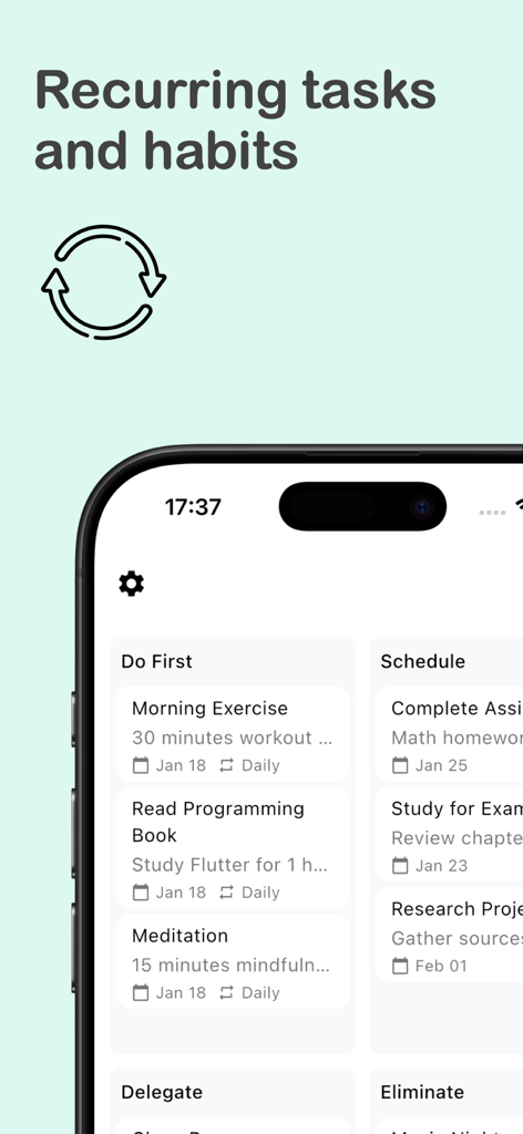 毎日の運動や瞑想などの定期的な毎日のタスクや習慣を示すアイゼンハワーマトリックスアプリのインターフェース。