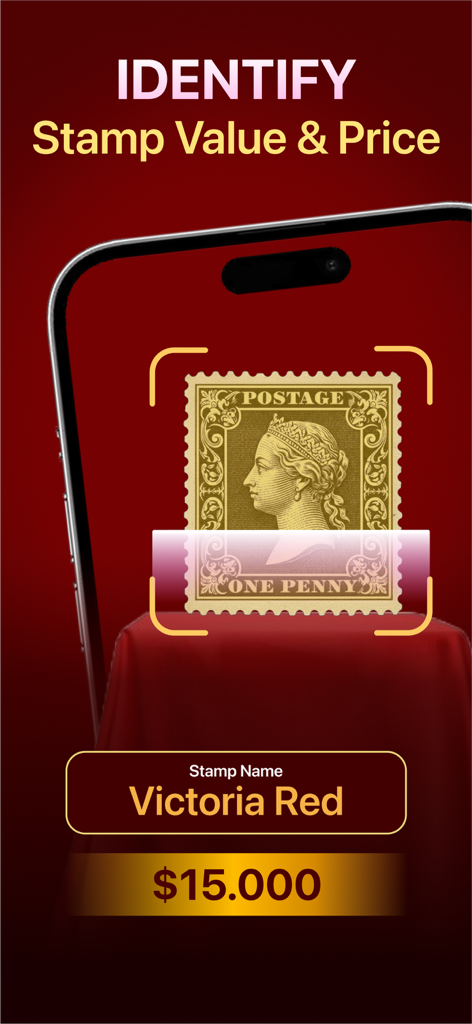 AI scanner app identifying a Victoria Red stamp value and price