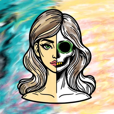 bust of a woman, half face and hair, half skull