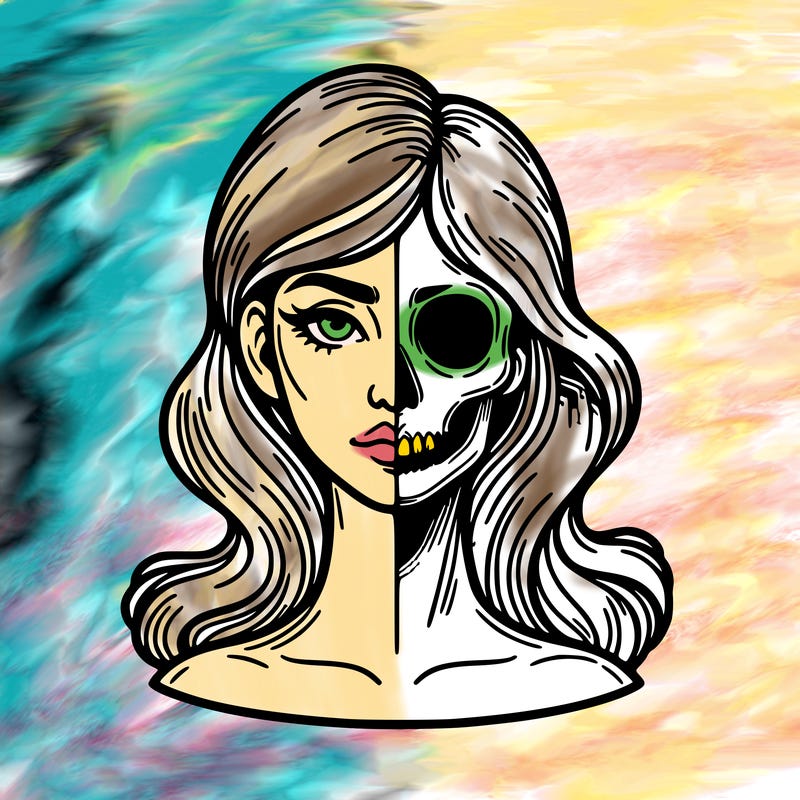 bust of a woman, half face and hair, half skull