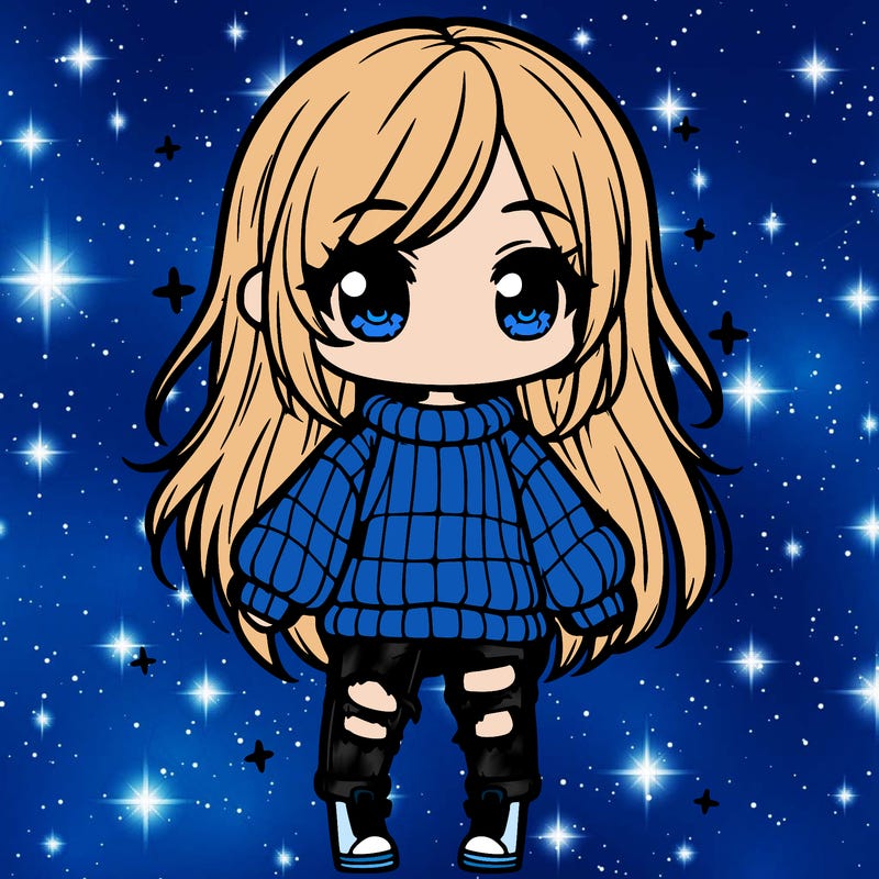 chibi girl with ripped jeans,long hair, and an oversized sweater