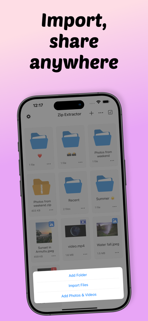 Zip Extractor: Unzip View File - Interfaz de aplicación móvil para Extractor Zip mostrando carpetas de archivos y opciones de importación en un smartphone