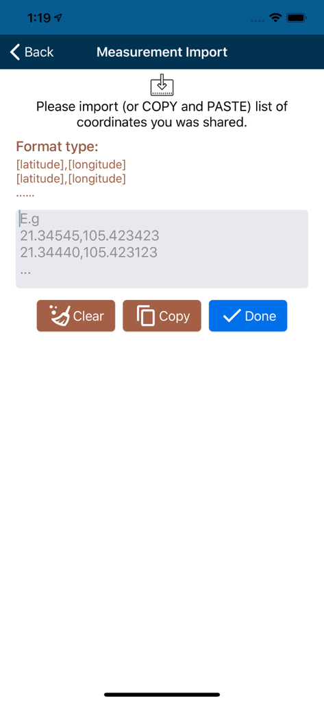 Interface for importing latitude and longitude coordinates into the Measure Map application.