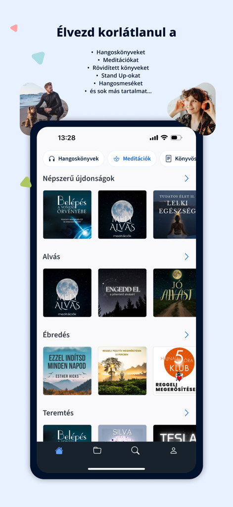 Interfaccia dell'app Voiz che mostra categorie di audiolibri e meditazione ungheresi come sonno e risveglio