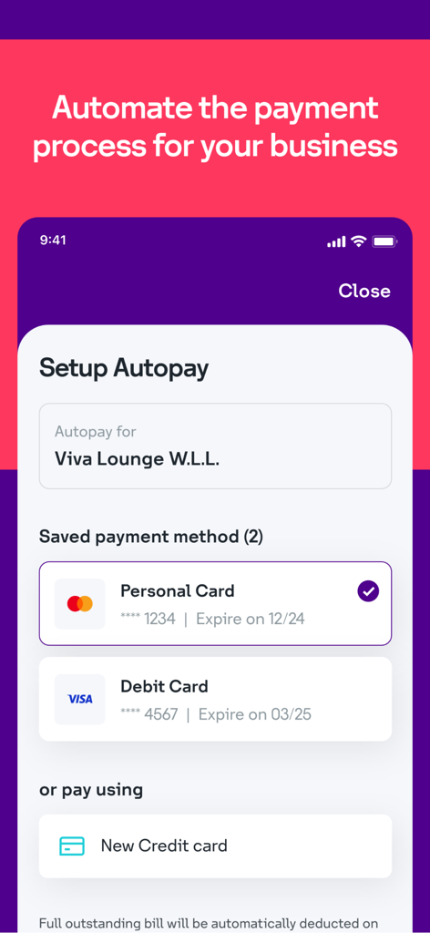 stc Business BH - Setup autopay screen for automating business account payments with saved cards