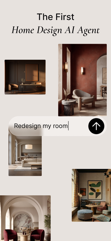 CozyAI - AI Home Design - Interface of the CozyAI app featuring multiple interior design styles and a text prompt to redesign my room.