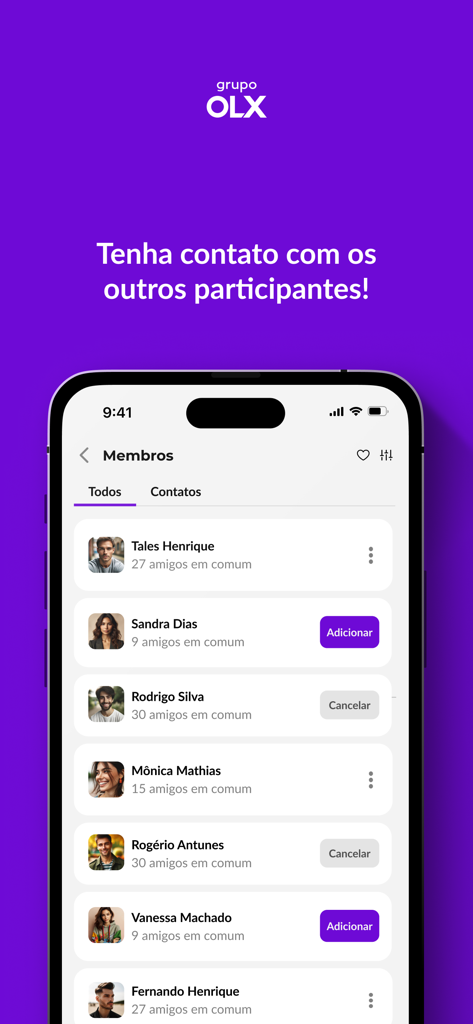 Grupo OLX | Eventos - Interfaz de la aplicación móvil Grupo OLX Eventos mostrando una lista de participantes del evento profesional para hacer networking.