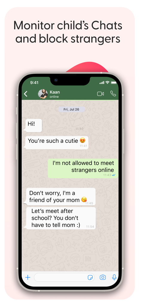 Parental control app interface for monitoring child messenger chats and blocking strangers