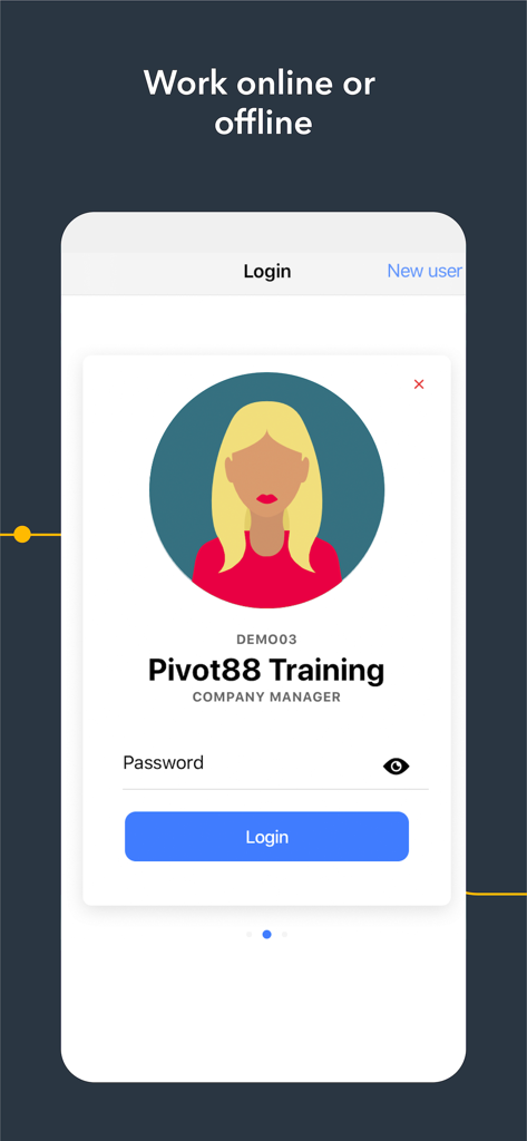 Pivot88 - Pivot88 mobile app login screen for company managers showing offline work capability