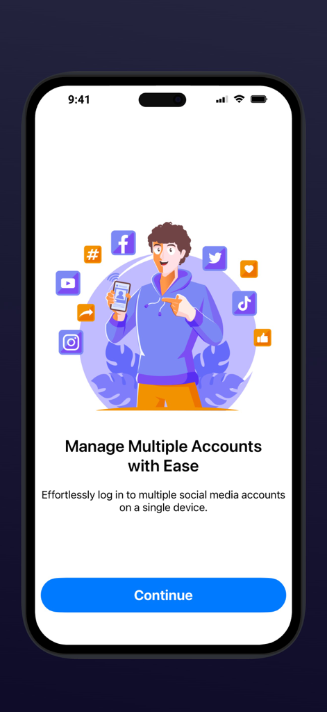 Dual apps - Parallel Space - A person using an iPhone to manage multiple social media accounts including Facebook, Instagram, and TikTok on one device.