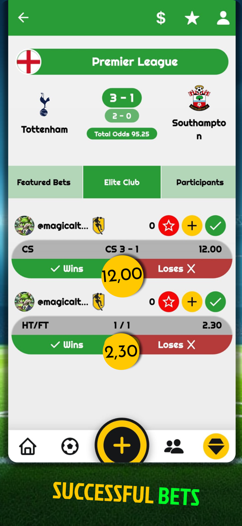 BetSocial: Discover Winning - BetSocialアプリのインターフェース。エリートクラブセクションで、トッテナム対サウサンプトンのプレミアリーグのベット予測の成功例と高オッズを表示。