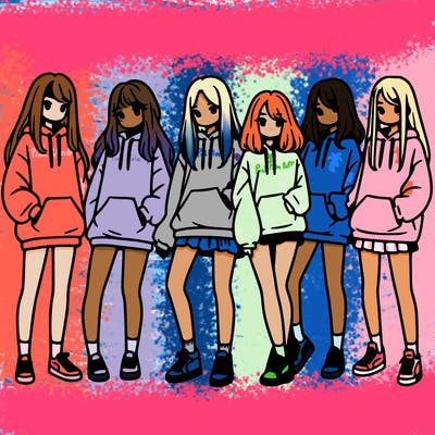 group of girls in baggy sweatshirts and shorts