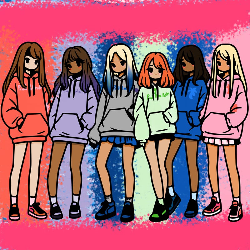 group of girls in baggy sweatshirts and shorts