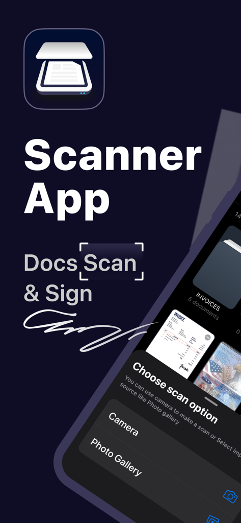 Scanner App interface showing mobile document scanning and digital signature features