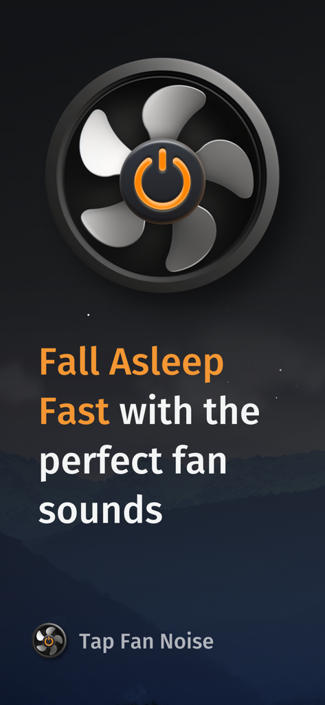 Tap Fan Noise for Sleep - Pantalla de la aplicación Tap Fan Noise con un gran icono de ventilador y texto promocionando el sueño rápido con sonidos de ventilador