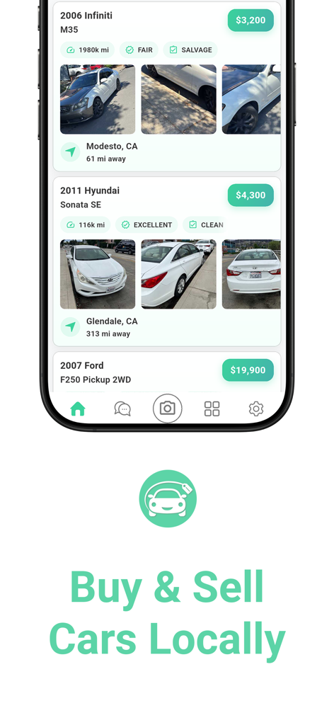 A mobile app interface displaying local car listings with prices and location details