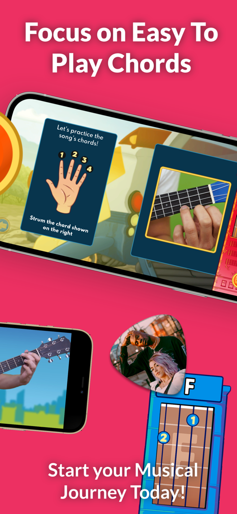 Harmony City: Guitar & Ukulele - Pantallas educativas de la aplicación Harmony City mostrando diagramas de acordes de guitarra y ukelele fáciles para niños