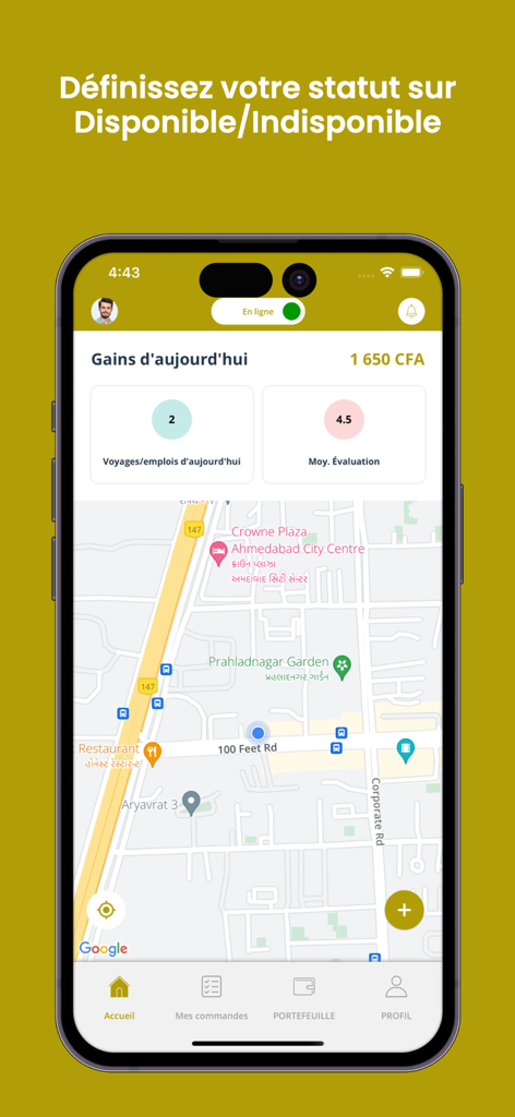 Okalm Driver - The Okalm Driver app dashboard displaying daily earnings ratings and a live map for service providers