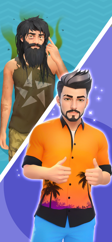 Hair Tattoo: Barber Shop Game - Une transformation de personnage avant et après, montrant un homme négligé devenant un client stylé dans le jeu Hair Tattoo Barber Shop.