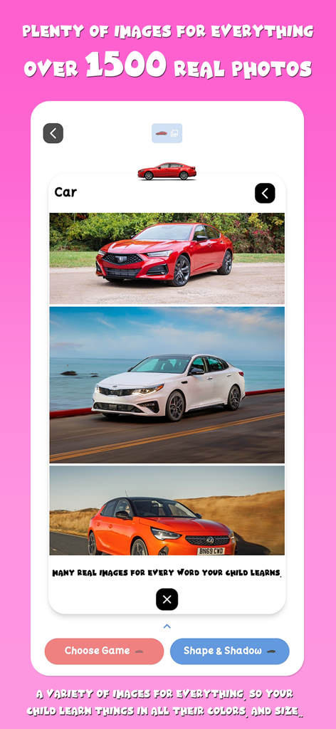 Real life photos of cars in the My Words speech therapy app for toddlers