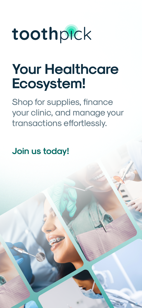 Schermata di benvenuto dell'app Toothpick che mostra la gestione della clinica e le funzionalità di finanziamento