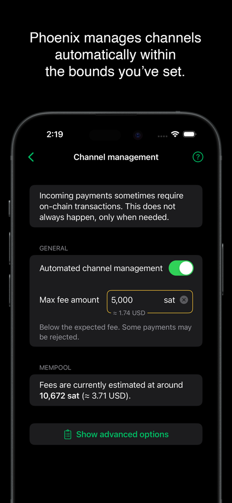 Phoenix Wallet - Phoenix Wallet channel management screen showing automated channel settings and maximum fee amount