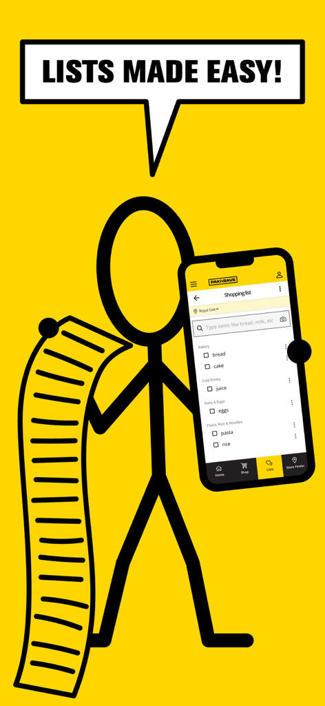 PAK'nSAVE - A stick figure holding a long paper list and a smartphone showing the PAK n SAVE digital shopping list interface