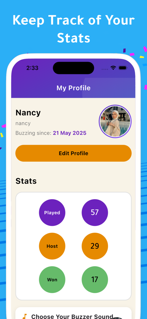 Buzzy Party: Spy الجاسوس - プレイしたゲーム、ホストしたゲーム、獲得したゲームのゲーム統計を表示するBuzzy Partyユーザープロフィールの画面。