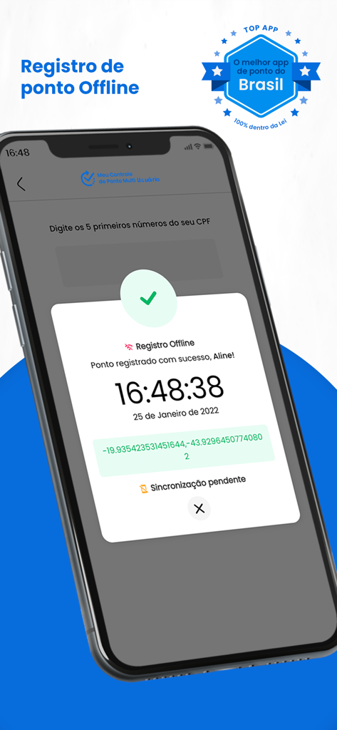 Meu Controle de Ponto Multi - Tela do celular mostrando um registro de ponto offline bem-sucedido com coordenadas GPS e status de sincronização pendente.