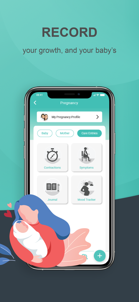 Halza - Halza app pregnancy profile showing contraction and symptom tracking features