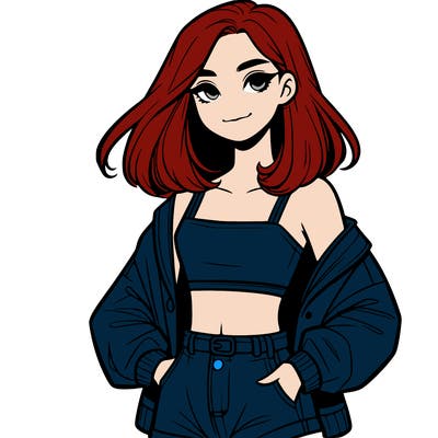 a realistic girl with a crop top and short shorts in an open jacket