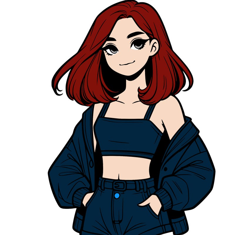 a realistic girl with a crop top and short shorts in an open jacket