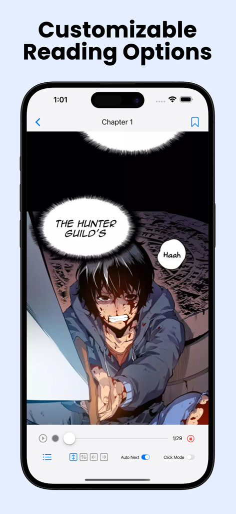 MangaBoya - Webtoons & Comics - MangaBoya app interface showing customizable reading settings and a manga page on a mobile device