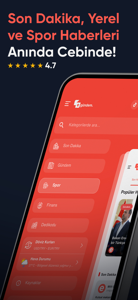 Interface of the eGündem news app showing categories like breaking news, sports, and finance on a smartphone screen.