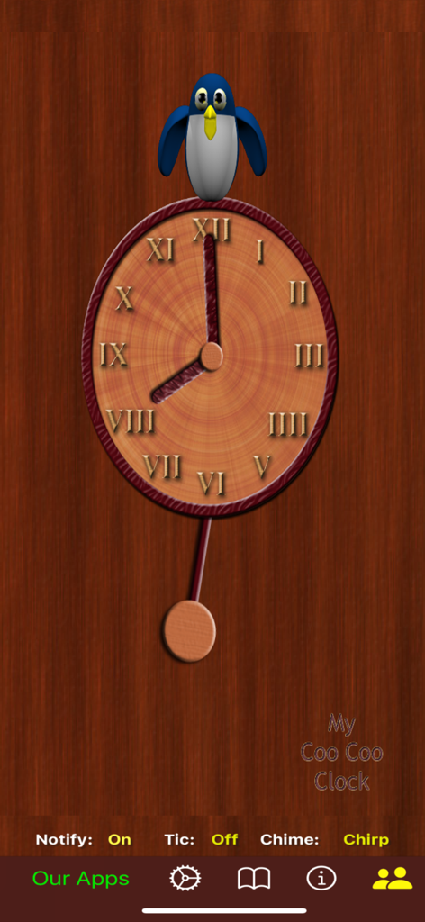 A virtual wooden cuckoo clock with a blue penguin bird and a swinging pendulum