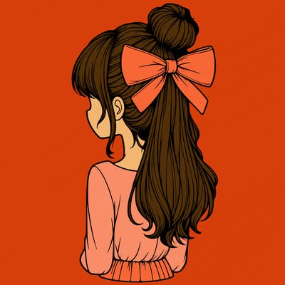 realistic girl  with hip length hair a bun and a big bow on the back of head