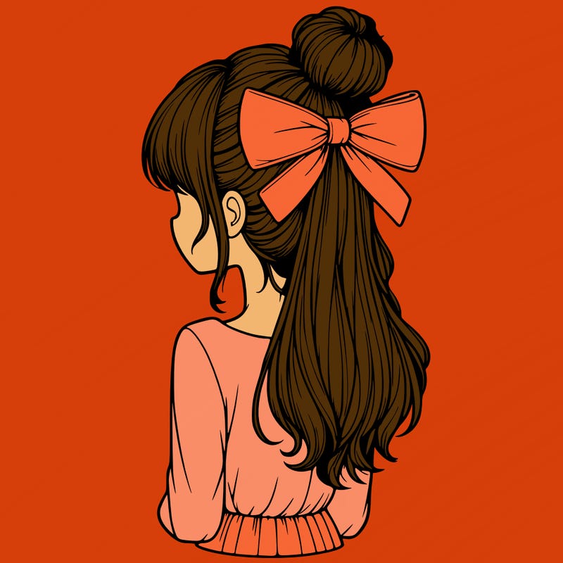 realistic girl  with hip length hair a bun and a big bow on the back of head