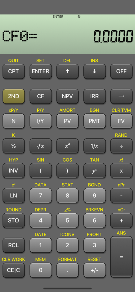 BA Financial Calculator - Interface of the BA Financial Calculator app emulating a professional TI BAII Plus device