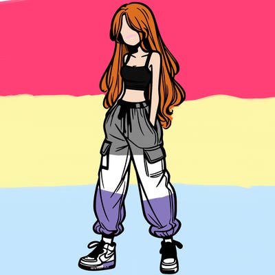 girl in baggy pants crop top and long hair